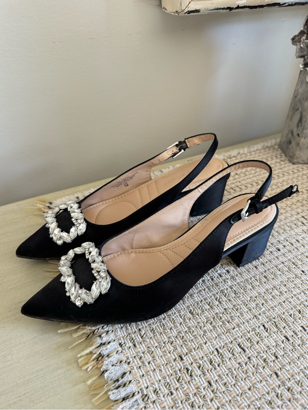 Black Embellished Slingback kitten Heel Pumps